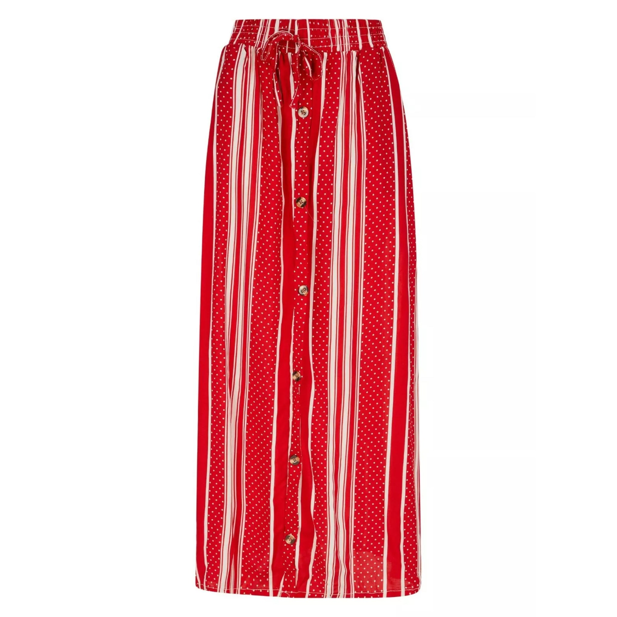 Women's red and white vertical striped maxi skirt with drawstring waist and button detail – casual summer fashion
